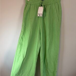 Zara Vibrant Green XS linen pants drawstring elastic waist resort NWT $48 MSRP